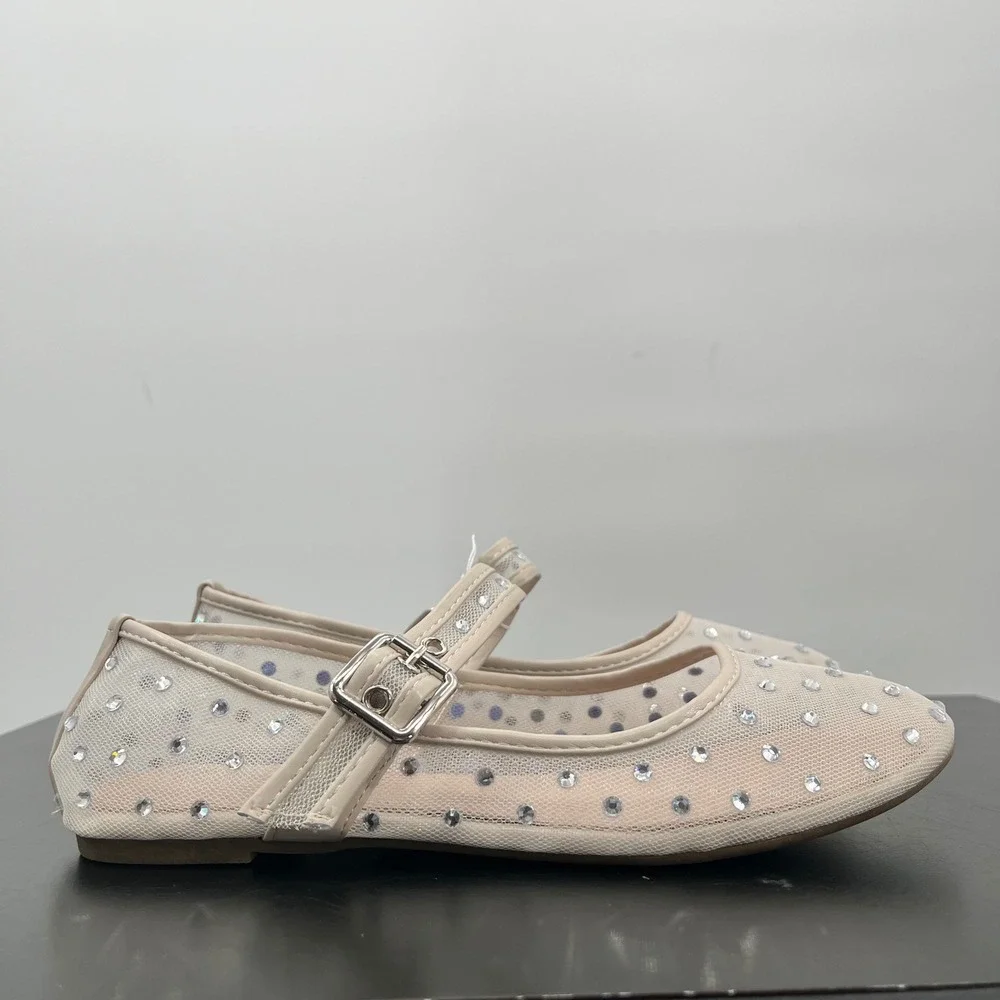 Atalina Mary Jane Flats Women 7 Beige NWOB Mesh Rhinestone Buckle Strap Shoes